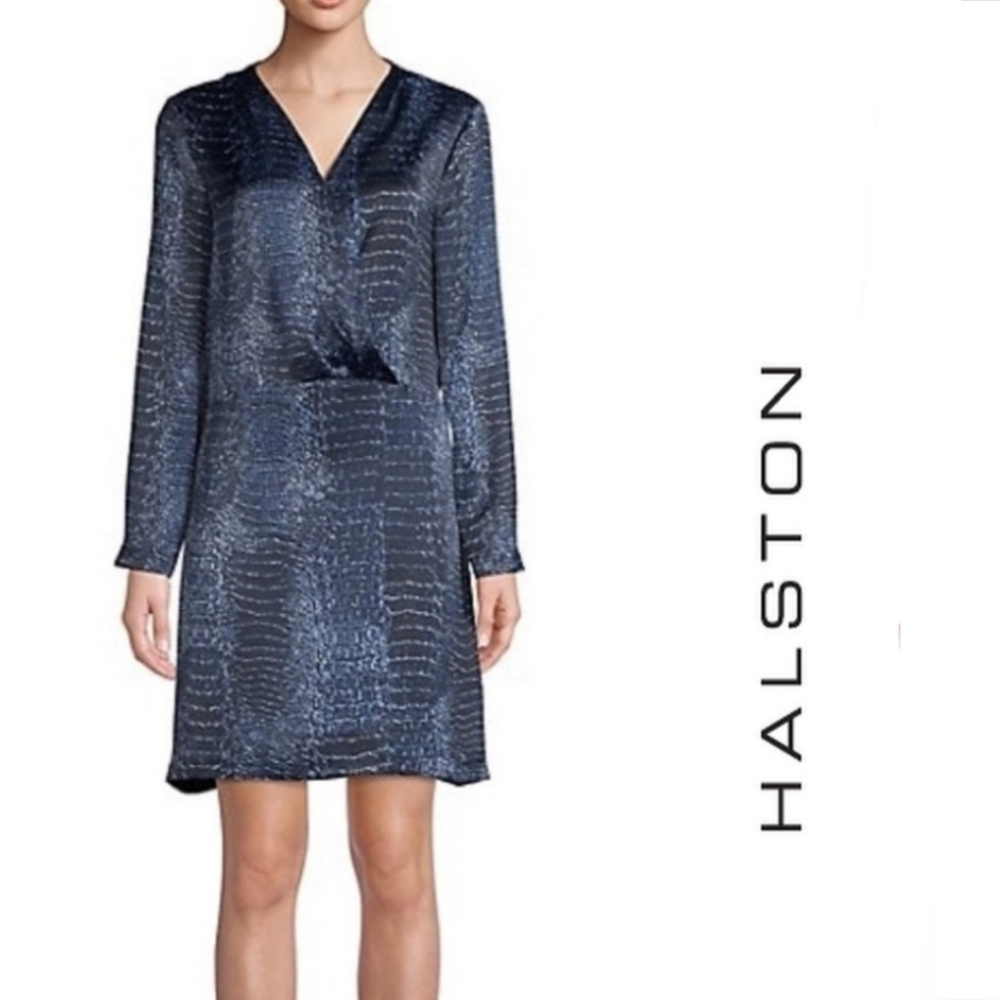 Halston Navy Tonal Snake Skin Pattern Dress